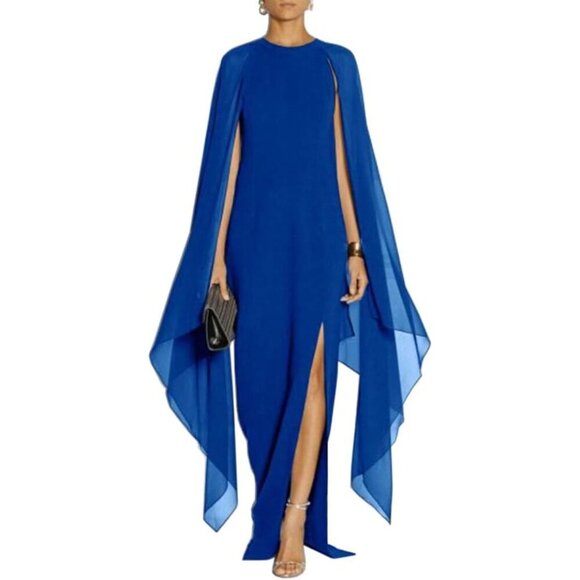 Dresses & Skirts - Women's Blue Elegant High Split Flare Sleeve Formal Evening Gowns Maxi Dress